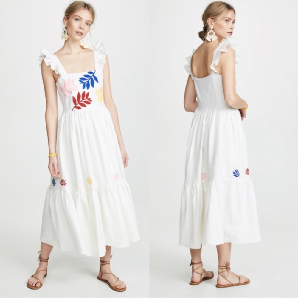 Carolina K Nika Dress White Linen Embroidered S Small Floral Summer Midi